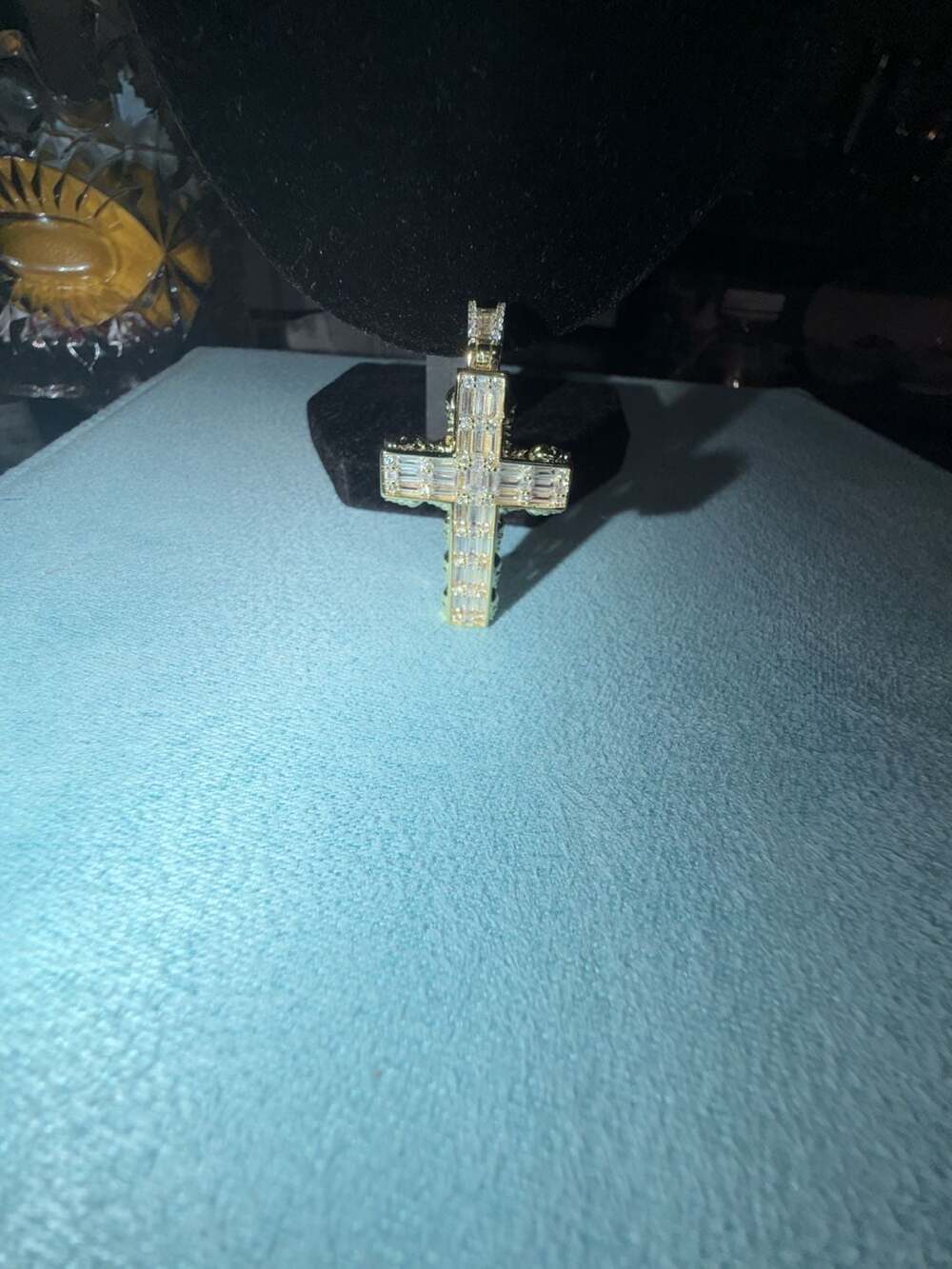 Custom Thermal infused 14k Gold ice CZ Baguette stones cross pendant